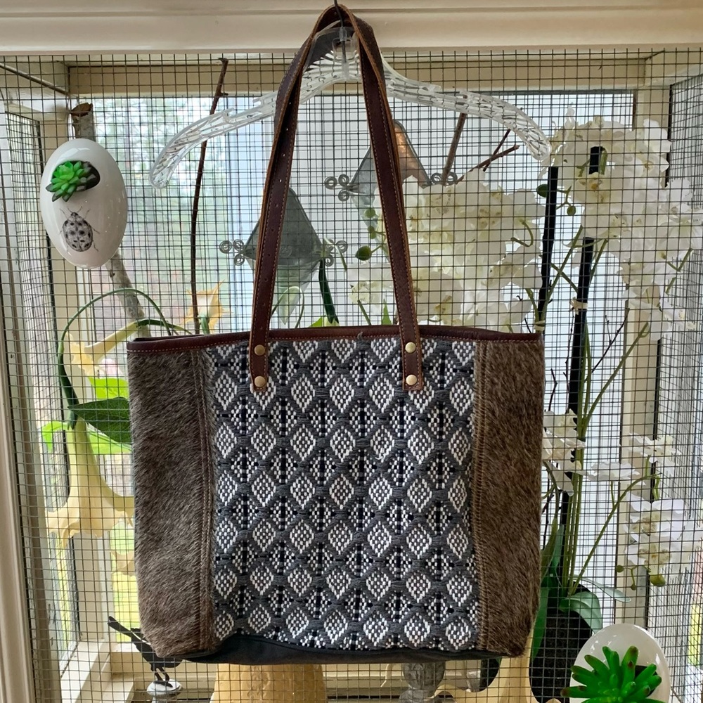 Myna Bag Tote Purse Bag Brown Grey Black White Faux Fur and Fabric